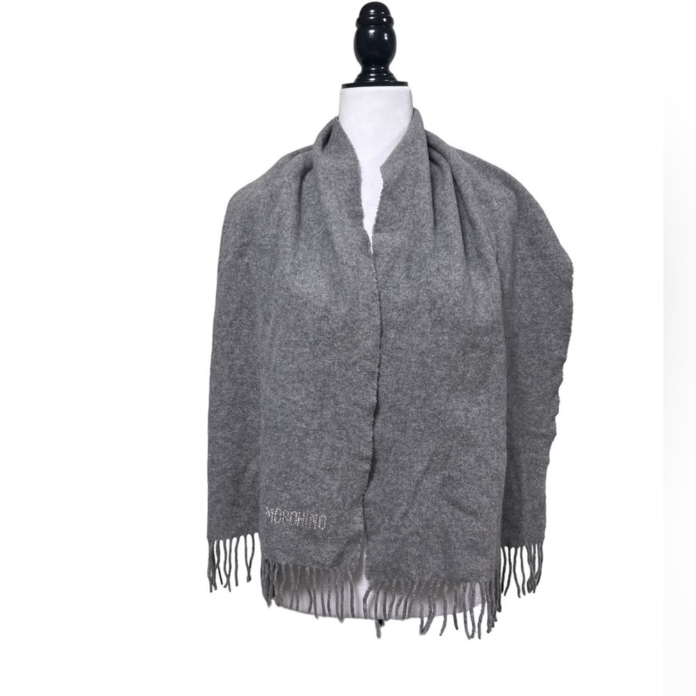 Authentic Moschino Fringe Wool Rhinestones Gray Scarf - Picture 2 of 9